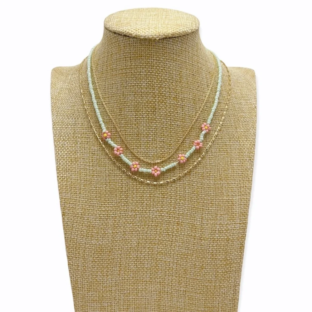 BP. Layered Mint Green Daisy Bead Necklace Set Of 3